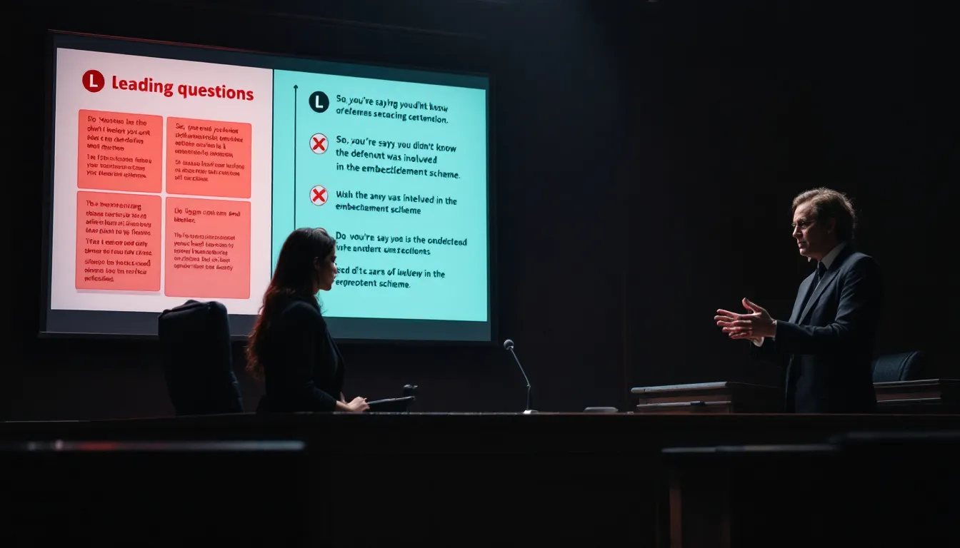 An image depicting the risks and limitations of leading questions in a legal context.