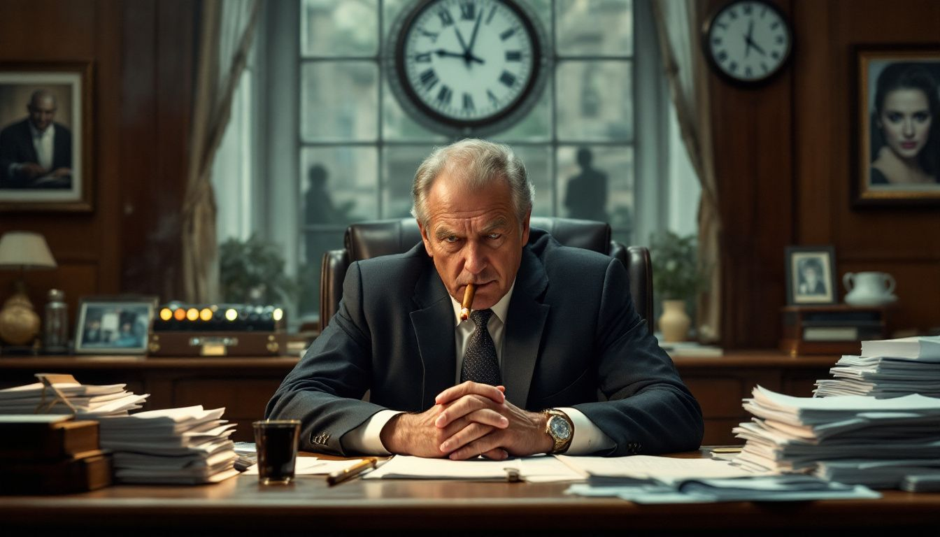 An attorney preparing for a deposition with documents and notes.