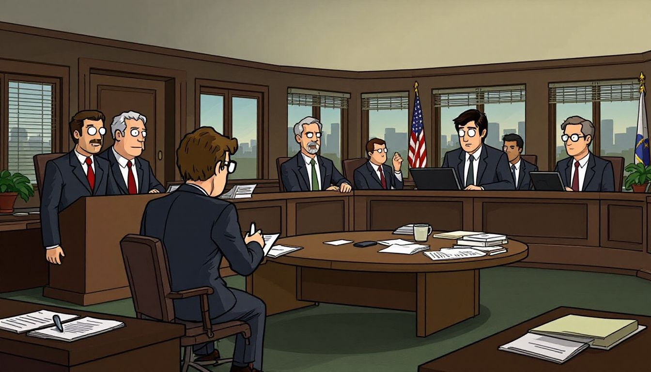 A courtroom scene illustrating the issuance of subpoenas under the Uniform Interstate Depositions and Discovery Act.