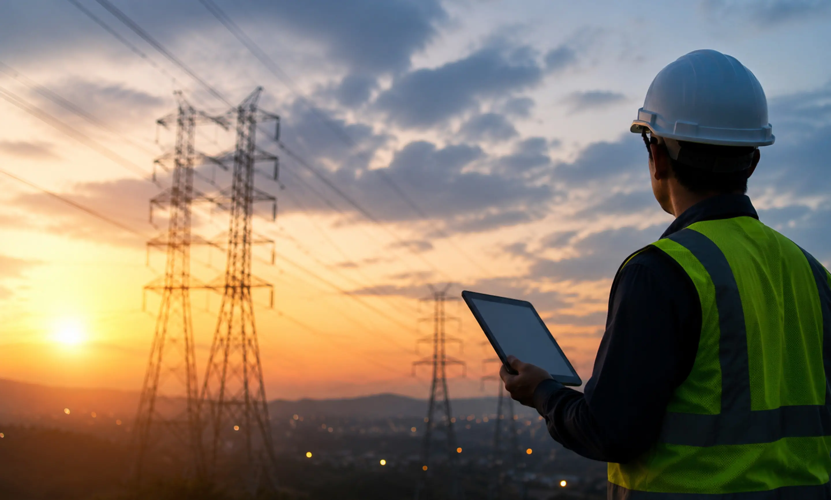 Worker in hard hat pointing toward electrical transmission towers.