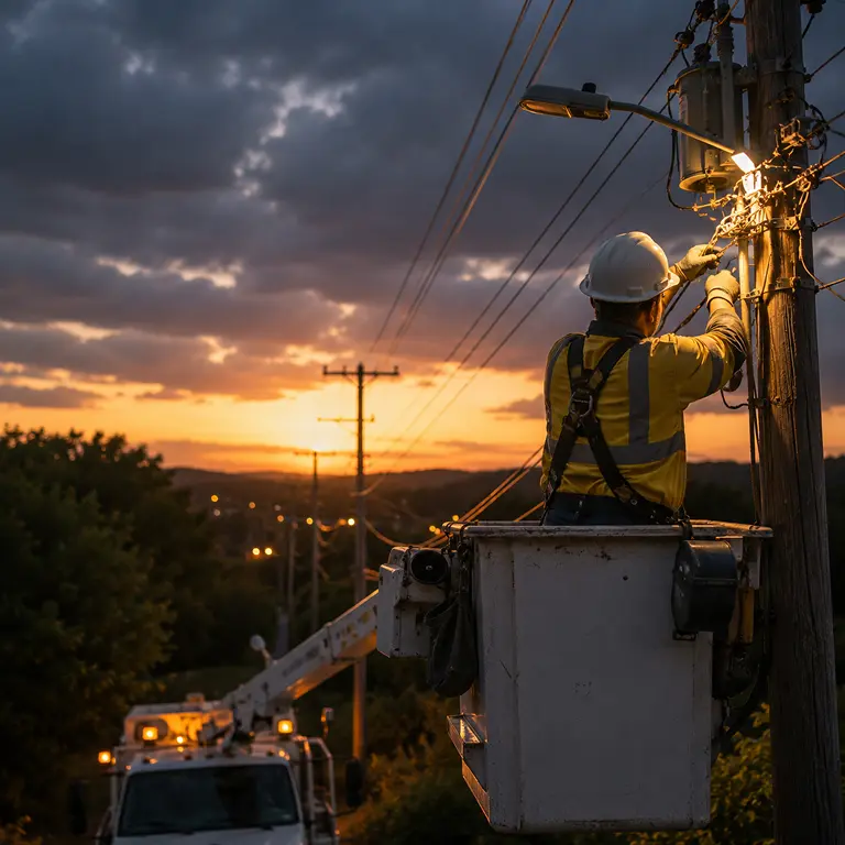 Utility worker in safety vest using a tablet near power lines.