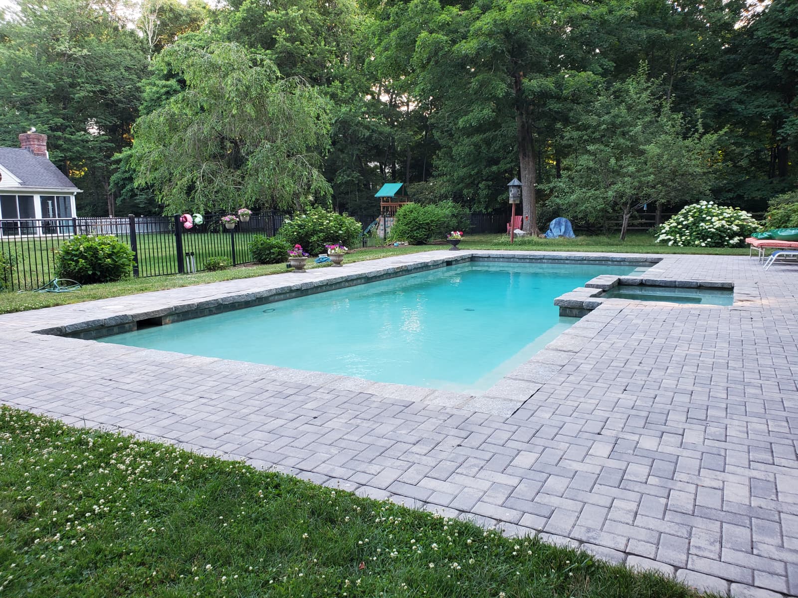 Clean, balanced pool serviced by Blue Cross Pool Care