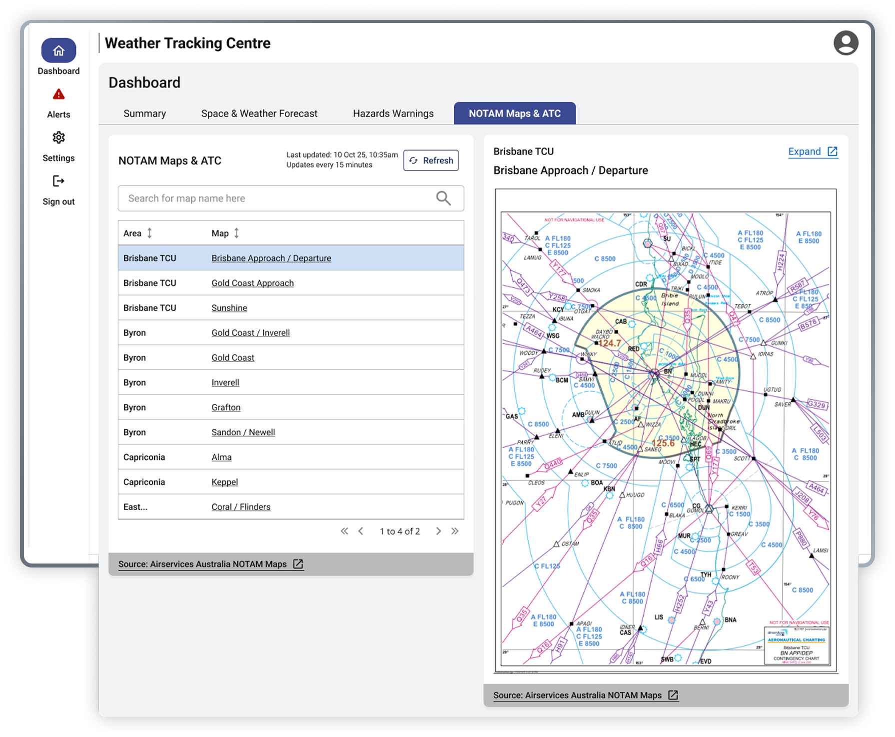 NOTAM Maps and ATC tab with a searchable list of areas and maps, previewing the Brisbane Approach and Departure chart