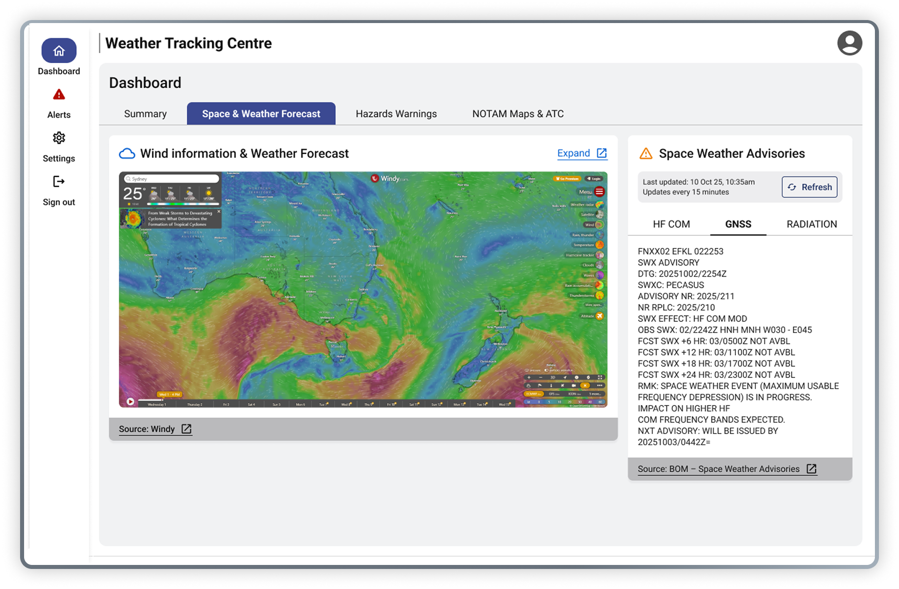 Space and Weather Forecast tab with a live Windy wind map and BOM space weather advisories