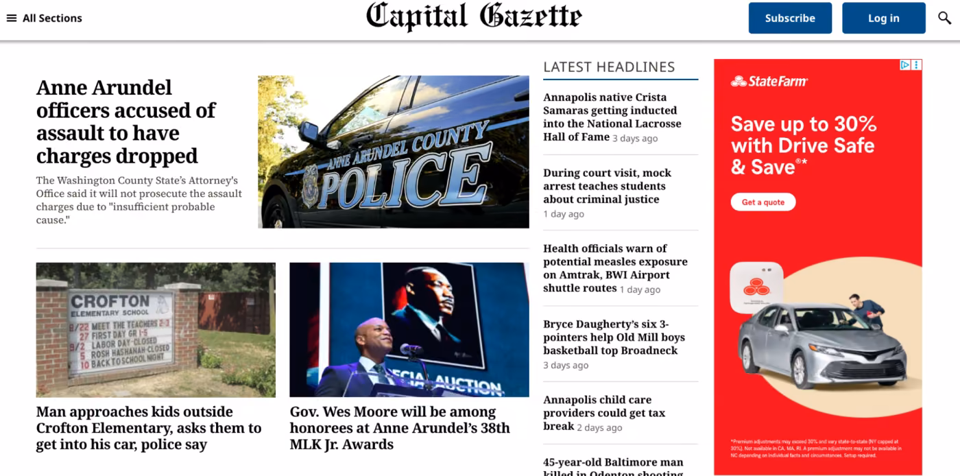 screenshot of Capital Gazette website showing a display ad from StateFarm