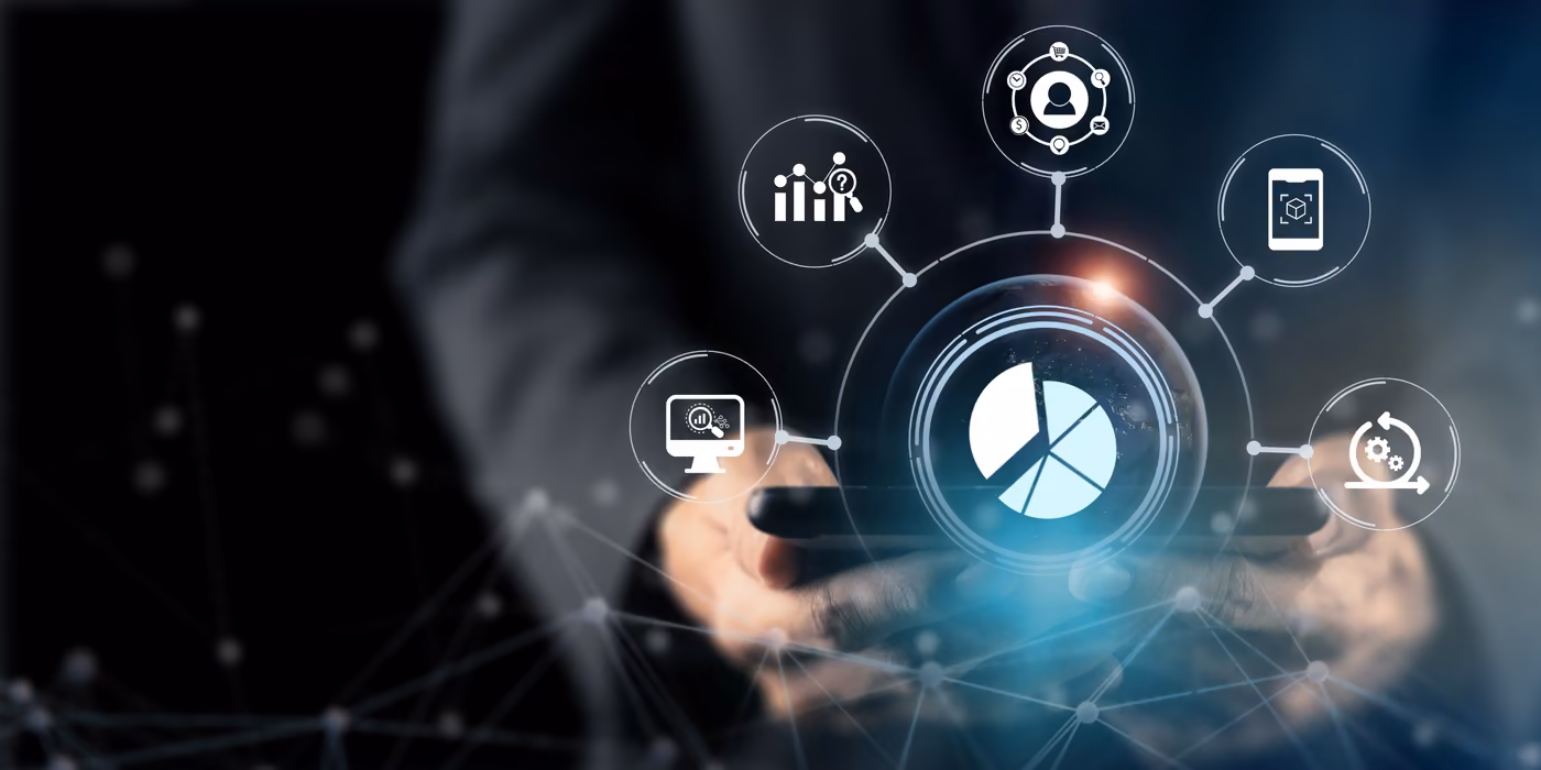 a business professional checks their tablet behind a graphic of different marketing icons