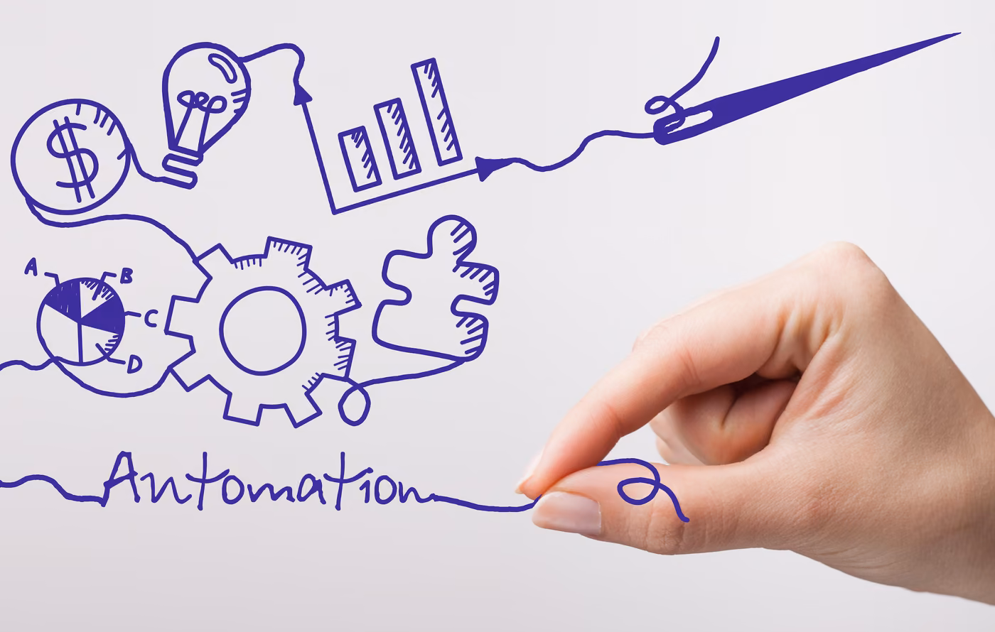 marketing icons are drawn in purple ink and spell the word automation next to a hand