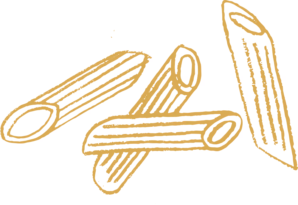 Line drawing of four penne pasta pieces with diagonal cuts and ridges.