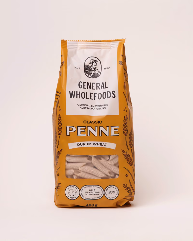 Package of General Wholefoods Classic Penne made from durum wheat with cooking time and weight details.
