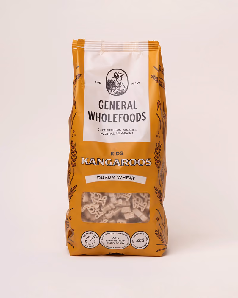 Package of General Wholefoods Kids Kangaroos durum wheat pasta with clear window showing pasta shapes.