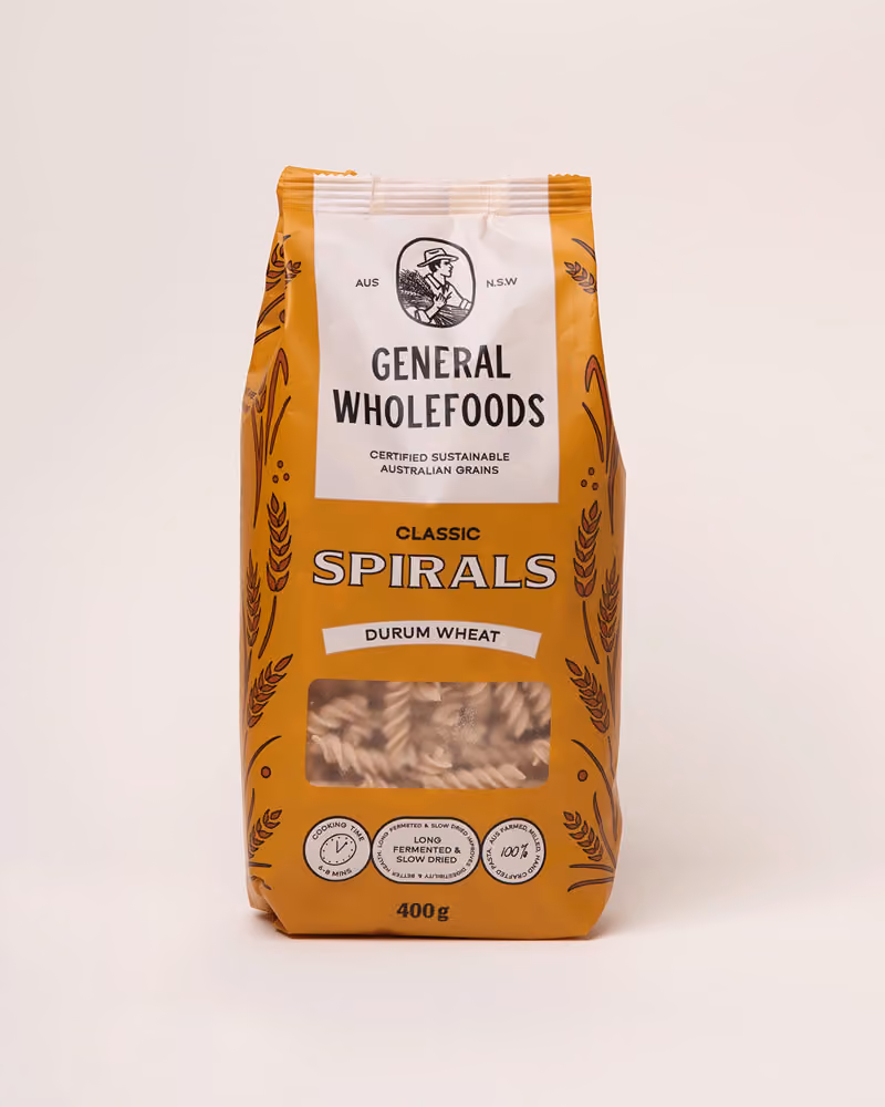 Package of General Wholefoods Classic Spirals durum wheat pasta with wheat graphics and a window showing pasta.