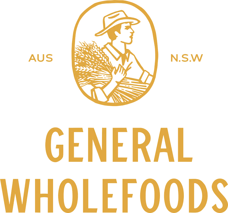 Gold line art logo of a farmer wearing a hat holding a bundle of wheat and standing over field rows inside an oval frame with text AUS on the left, NSW on the right, and below it the words GENERAL WHOLEFOODS in gold uppercase letters.