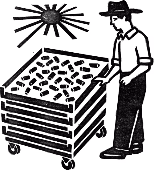 Black and white illustration of a person wearing a hat tending to a stacked wooden rack with slow dried pasta.
