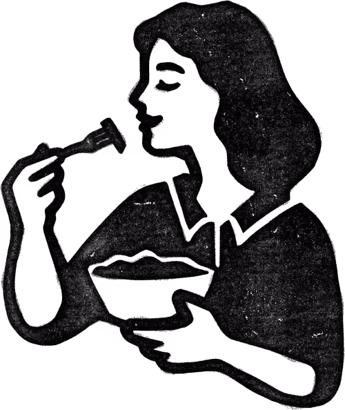 Black and white illustration of a woman holding a bowl of pasta in one hand and a spoon near her mouth as if about to eat.