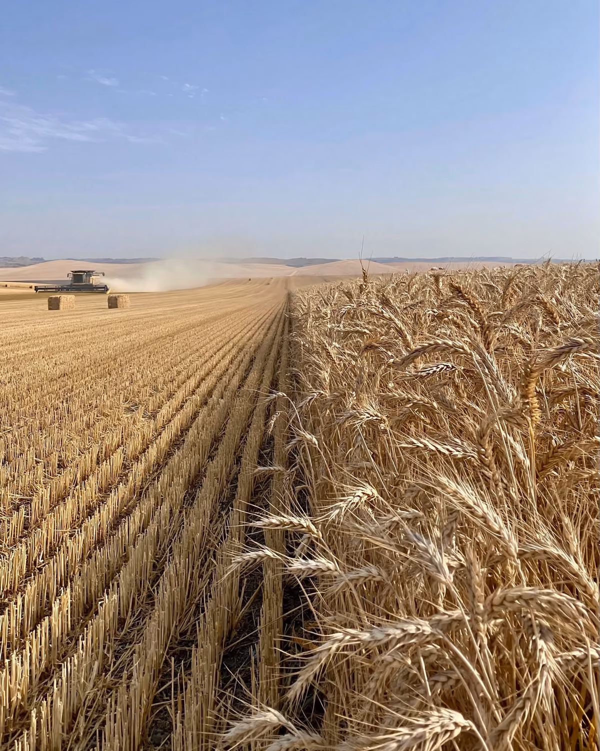 Golden wheat field with one side harvested by a combine and two hay bales in the distance under clear sky.