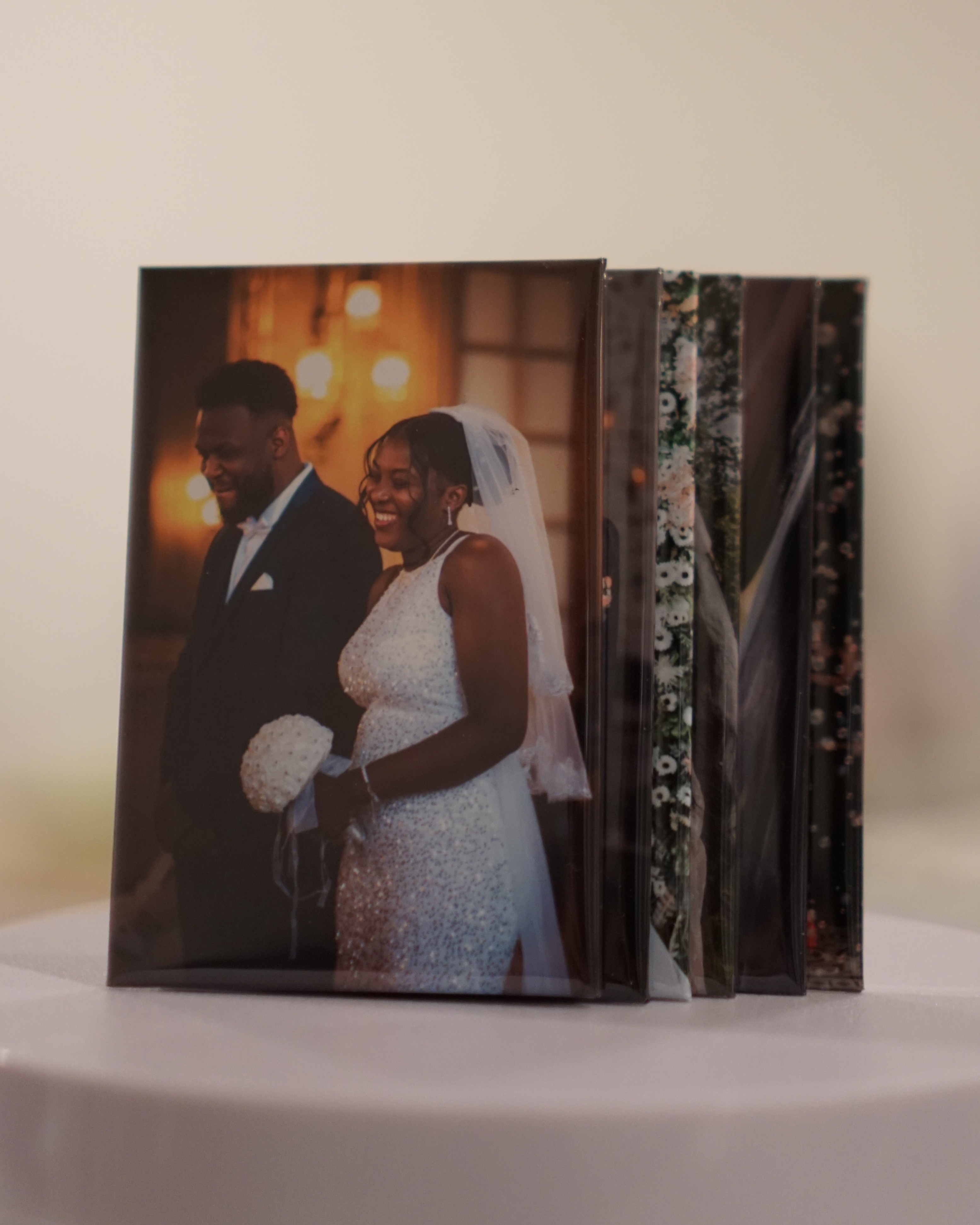 Freshly printed wedding photo magnet on card stock