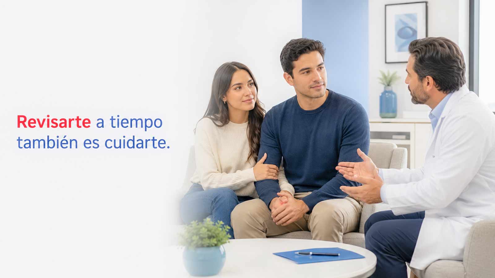 Hombre joven acompañado por su pareja recibe orientación de un urólogo sobre cáncer testicular.