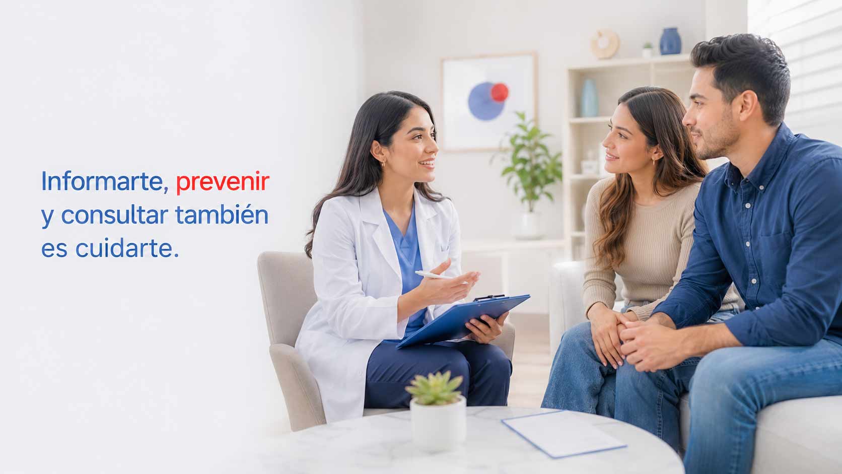 Pareja latina recibe orientación médica para prevenir y atender infecciones de transmisión sexual.