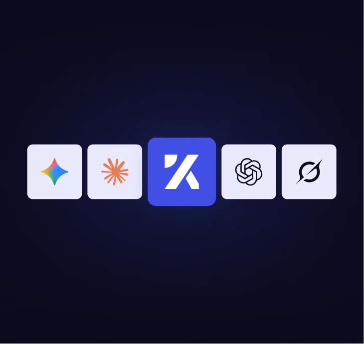Row of five app icons with different logos on a dark background, center icon highlighted in blue.