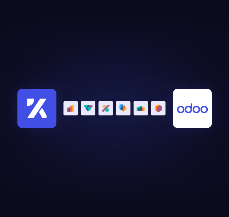 Logos of Zendesk and Odoo connected by seven small icons on a dark background.
