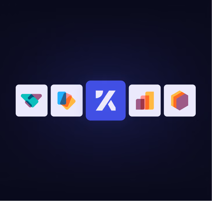 Row of five colorful abstract app icons on a dark blue background with the center one highlighted.
