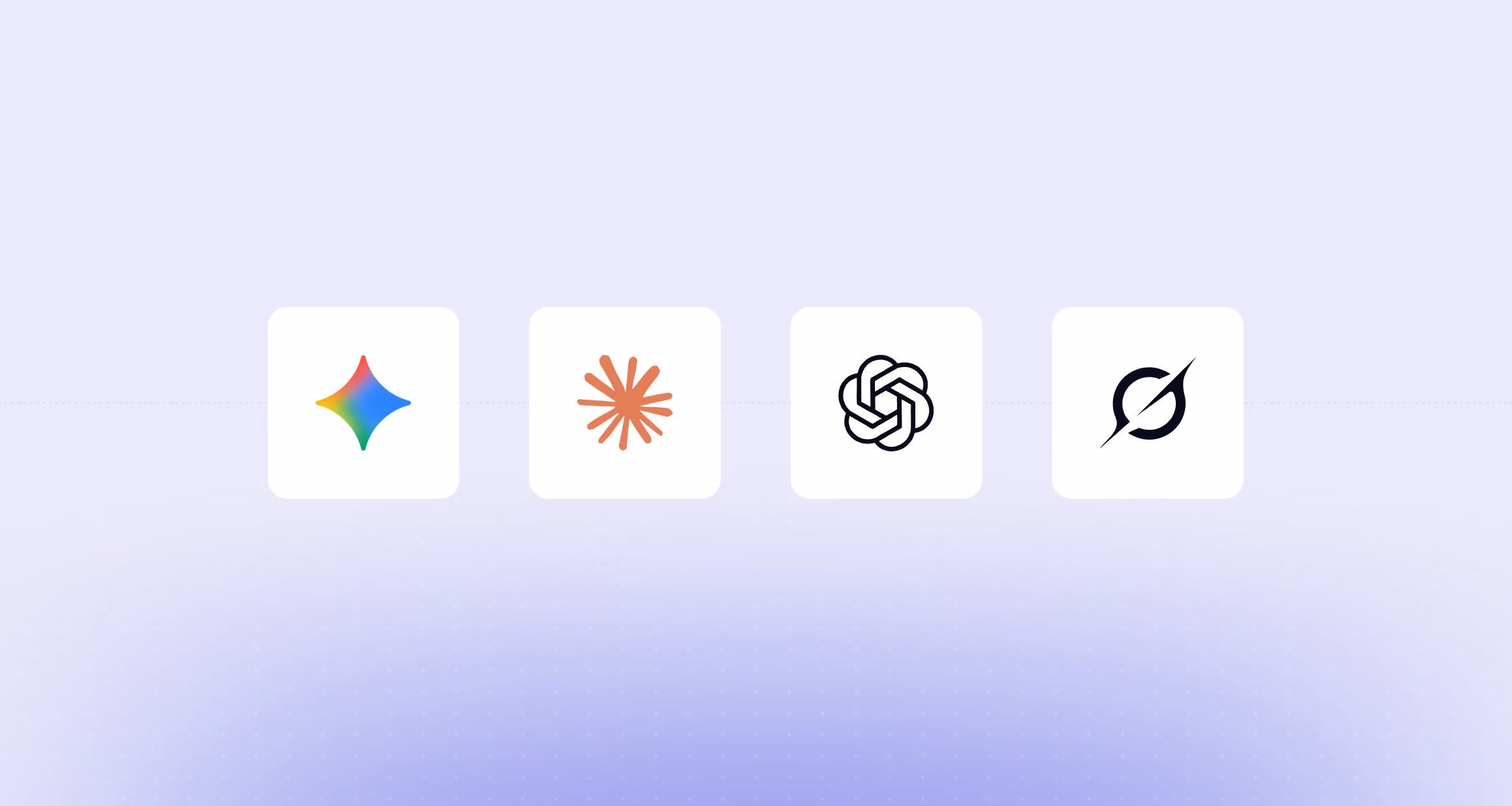 Four app icons in squares on light purple background, including colorful star and black OpenAI logo.