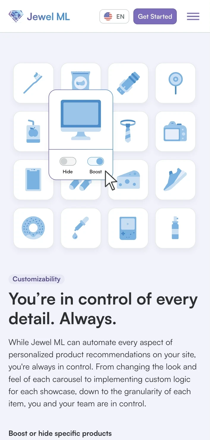 Jewel ML mobile page showing illustrated product controls for hiding or boosting recommendations.