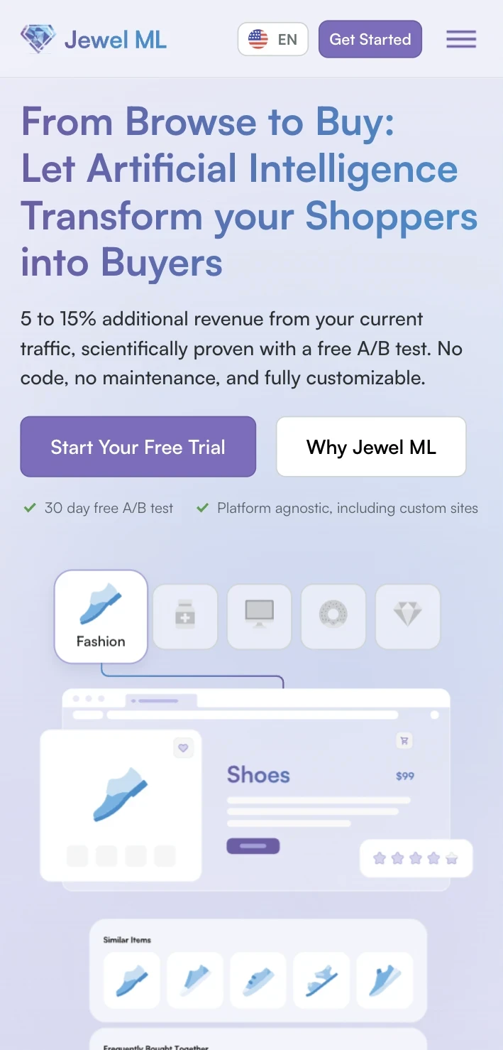 Jewel ML mobile homepage with a free-trial call to action and illustrated product recommendations.