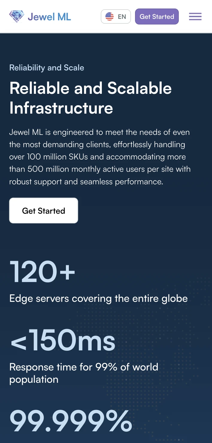 Jewel ML mobile infrastructure section with a dark blue background and prominent reliability and response-time figures.