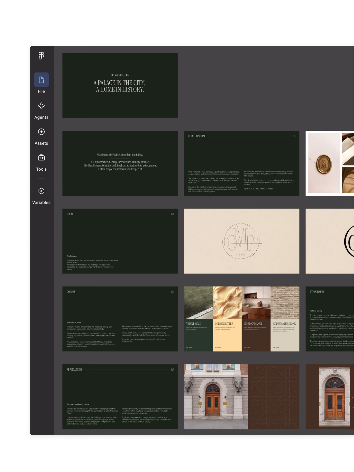 Brand identity presentation for 'Otto Mønsteds Plads' featuring a dark green and beige theme, with sections titled 'A Palace in the City, A Home in History,' core concept, colors with swatches named Forest Moss, Golden Butte, Maple Walnut, Copenhagen Stone, typography, logo sketches, applications including a photo of a building entrance with a wooden door, and brand elements displayed on a dark green background.