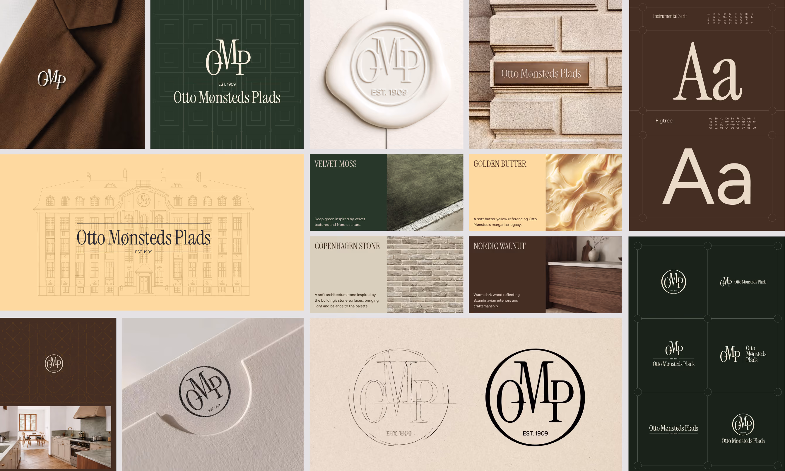 Branding and design presentation for Otto Mønsteds Plads featuring a logo with intertwined OMP letters and text 'Est. 1909' on various backgrounds including embossed paper, a seal, and building signage. The design palette includes earthy tones like velvet moss green, golden butter yellow, Copenhagen stone gray, and Nordic walnut brown. Typeface samples of 'Sentimental Serif' and 'Figtree' fonts are shown with uppercase and lowercase letters Aa. The layout includes photos of kitchen interiors and architectural sketches alongside logo variations and color swatches.
