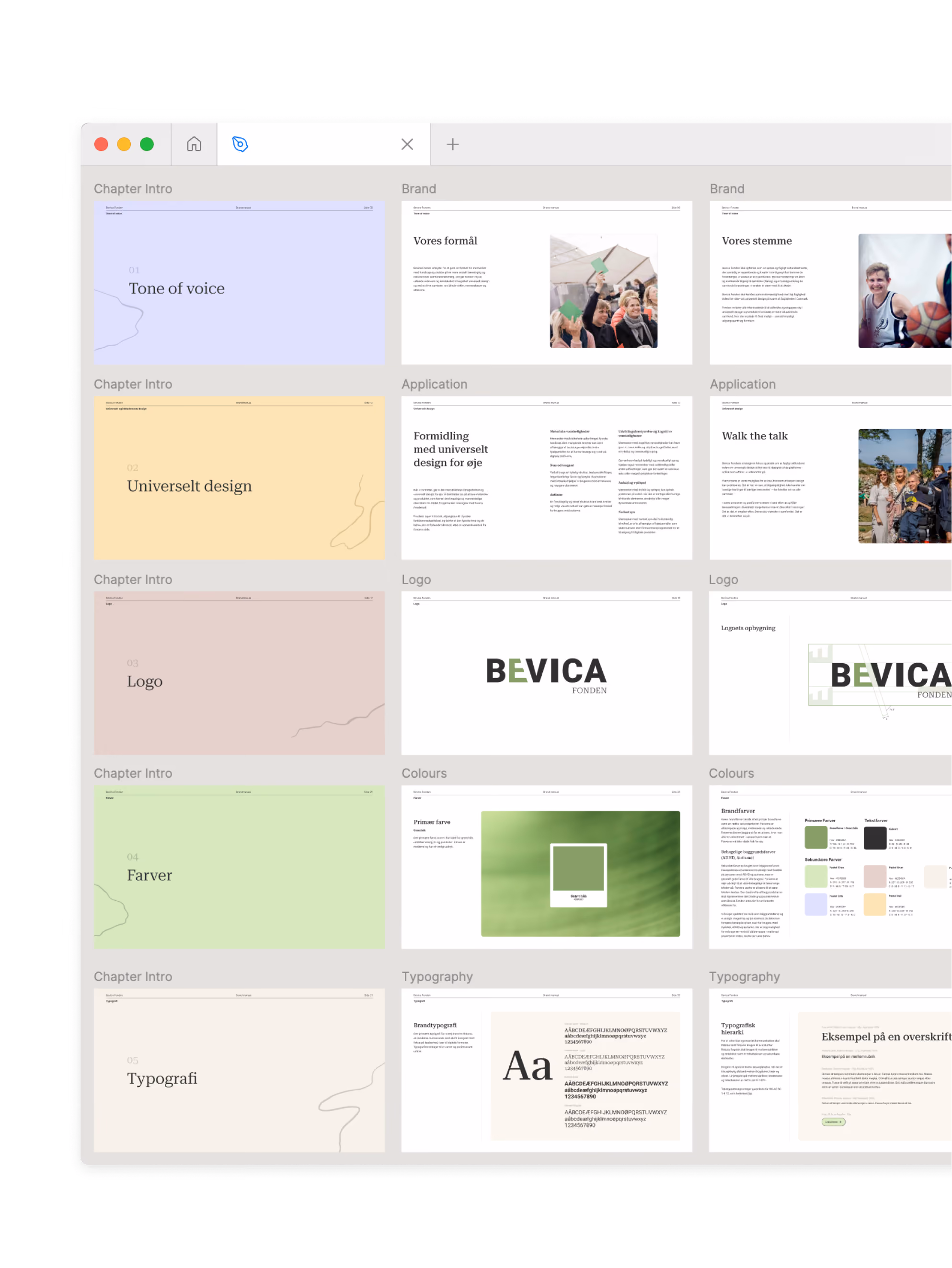Screenshot of a brand strategy document displayed on a computer screen with sections including Tone of Voice, Universelt design, Logo, Farver, and Typografi, each paired with images or text details in a grid layout.
