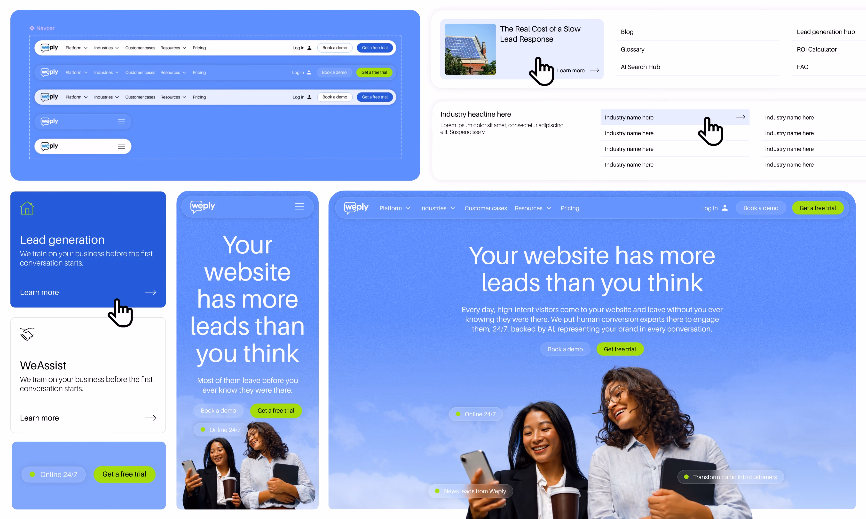 Collage of website and mobile design elements for Weply, featuring navigation bars with login, demo booking, and free trial buttons, sections highlighting lead generation services, and a central tagline 'Your website has more leads than you think' with two smiling women holding a coffee cup and folder against a blue sky background.