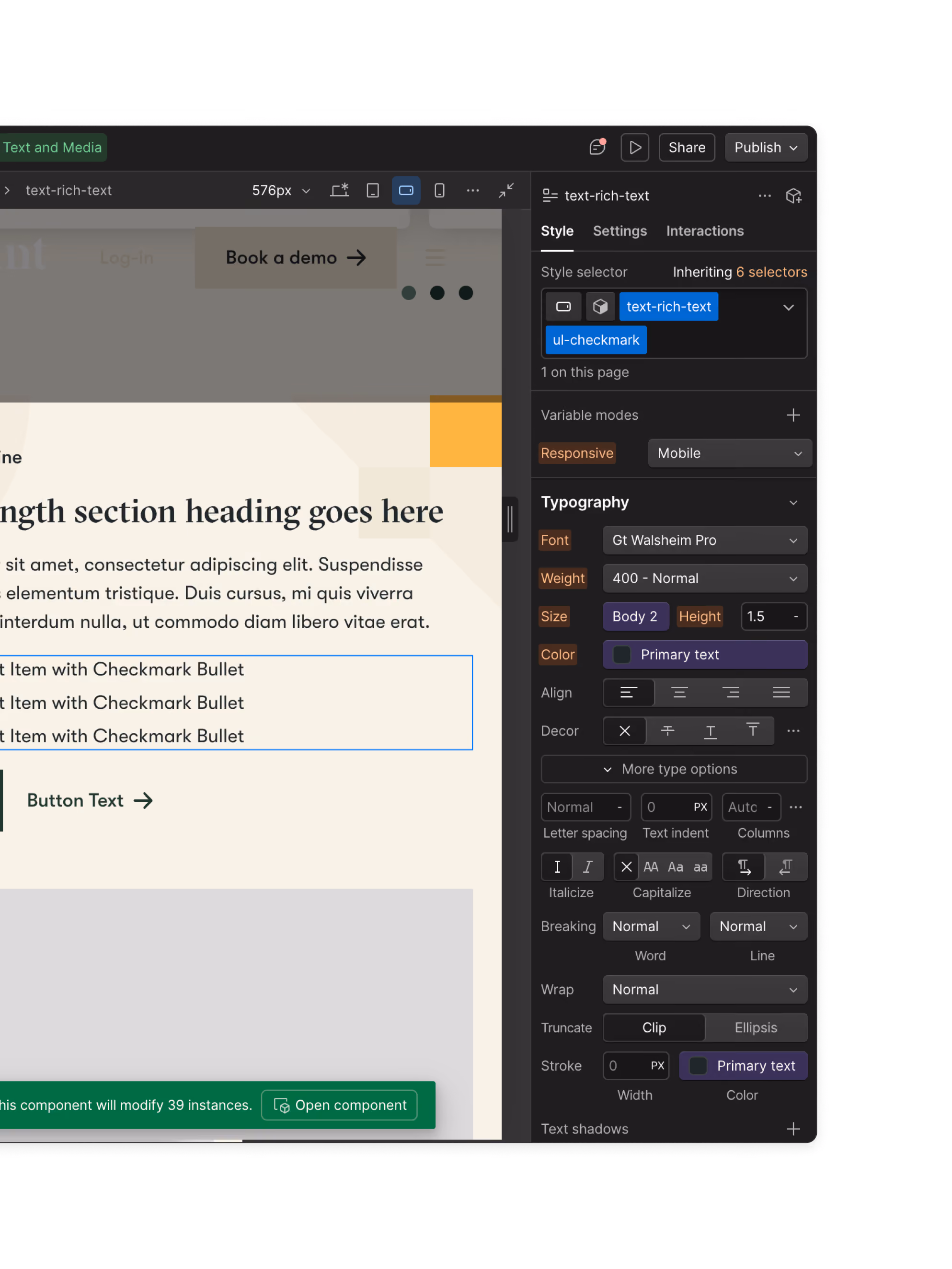 Screenshot of webflow interface showing text editing and style settings for a text block titled 'Length section heading goes here' with placeholder paragraph text and a bulleted list. The style panel on the right displays typography options such as font Gt Walsheim Pro, weight 400 Normal, size Body 2, color Primary text, alignment, and other text formatting controls. Visible buttons for sharing and publishing are at the top right.
