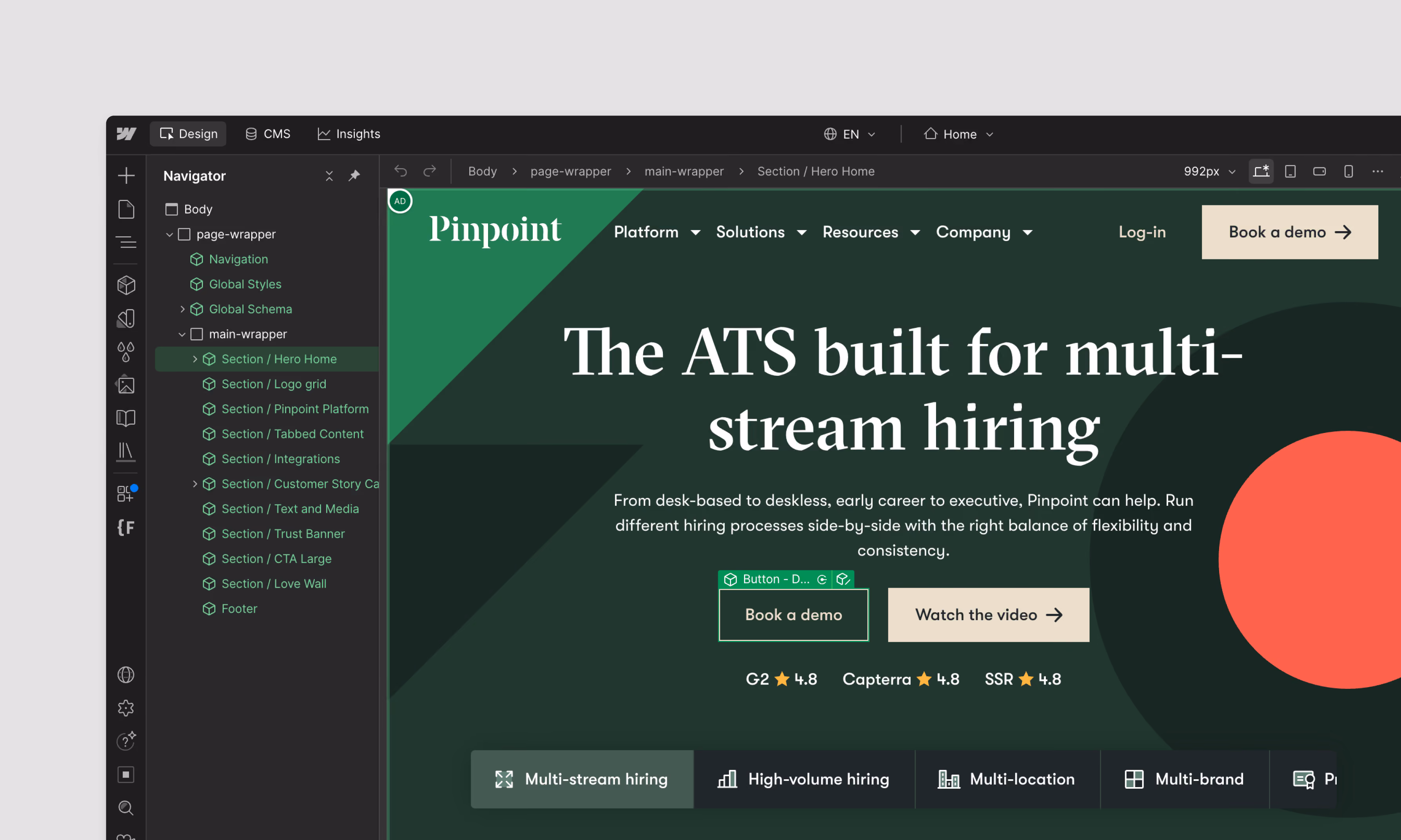 Screenshot of Webflow interface showing Pinpoint's homepage with the headline 'The ATS built for multi-stream hiring', navigation menu, call-to-action buttons for 'Book a demo' and 'Watch the video', and rating stars from G2, Capterra, and SSR. The left panel shows the site structure with highlighted sections.