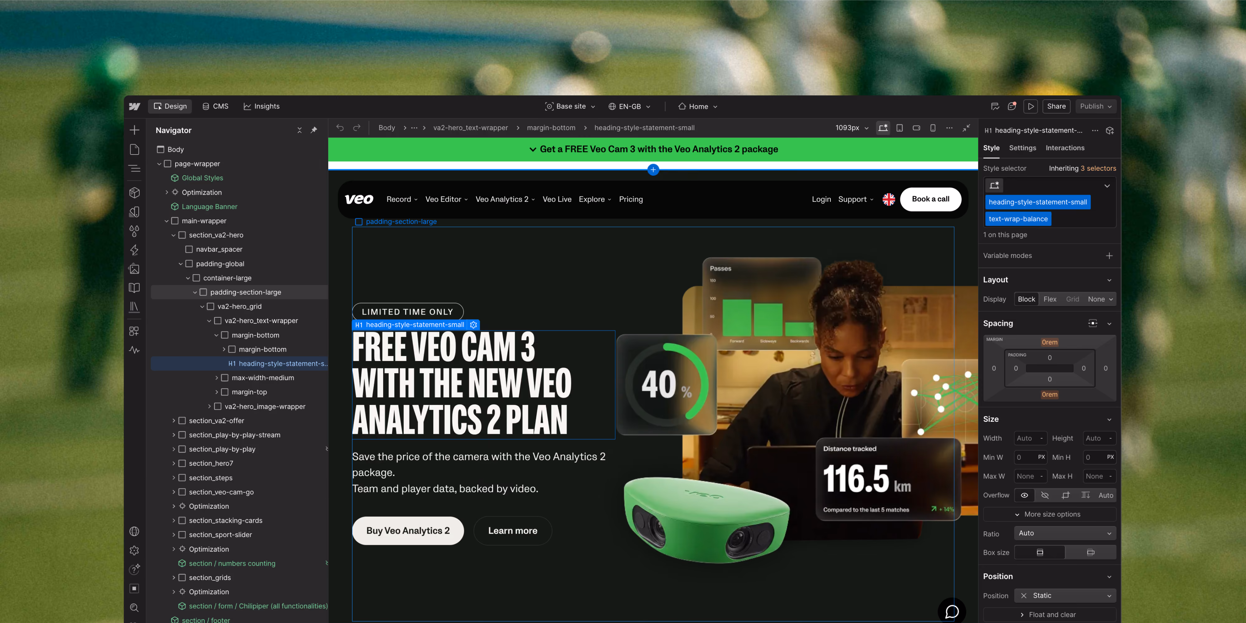 Screenshot of webflow interface showing a web page layout for a promotion offering a free Veo Cam 3 with the new Veo Analytics 2 plan, featuring a green Veo Cam image and analytics stats including distance traveled 116.5 km.