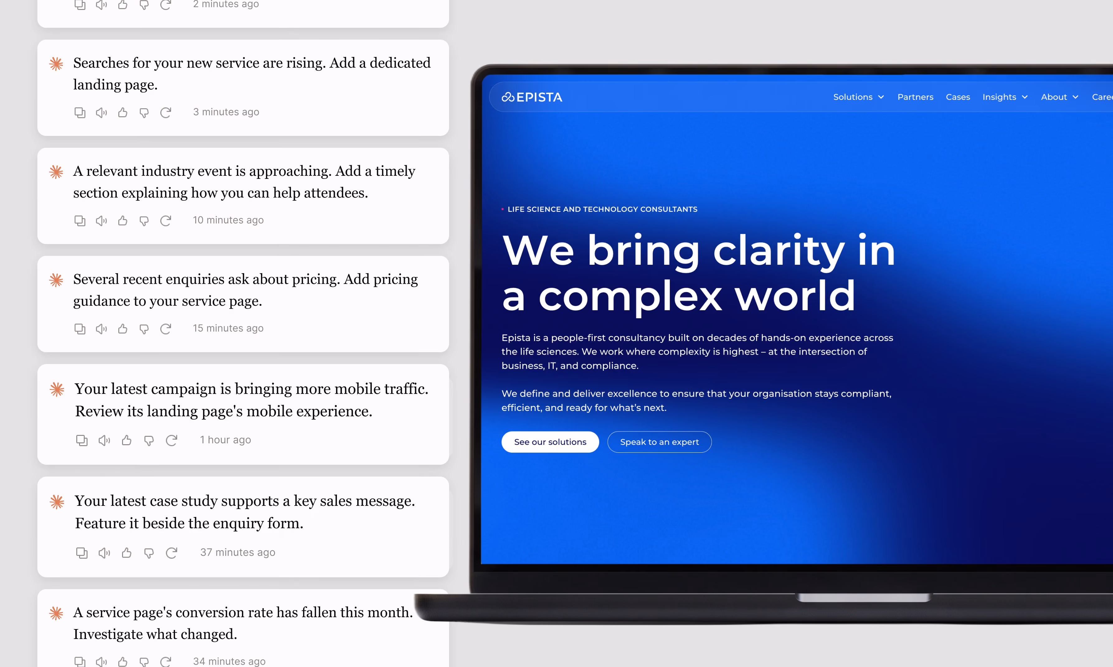 A dark laptop screen displaying Epista homepage with the text 'We bring clarity in a complex world,' alongside various Claude messages on a light background about marketing and service improvements.