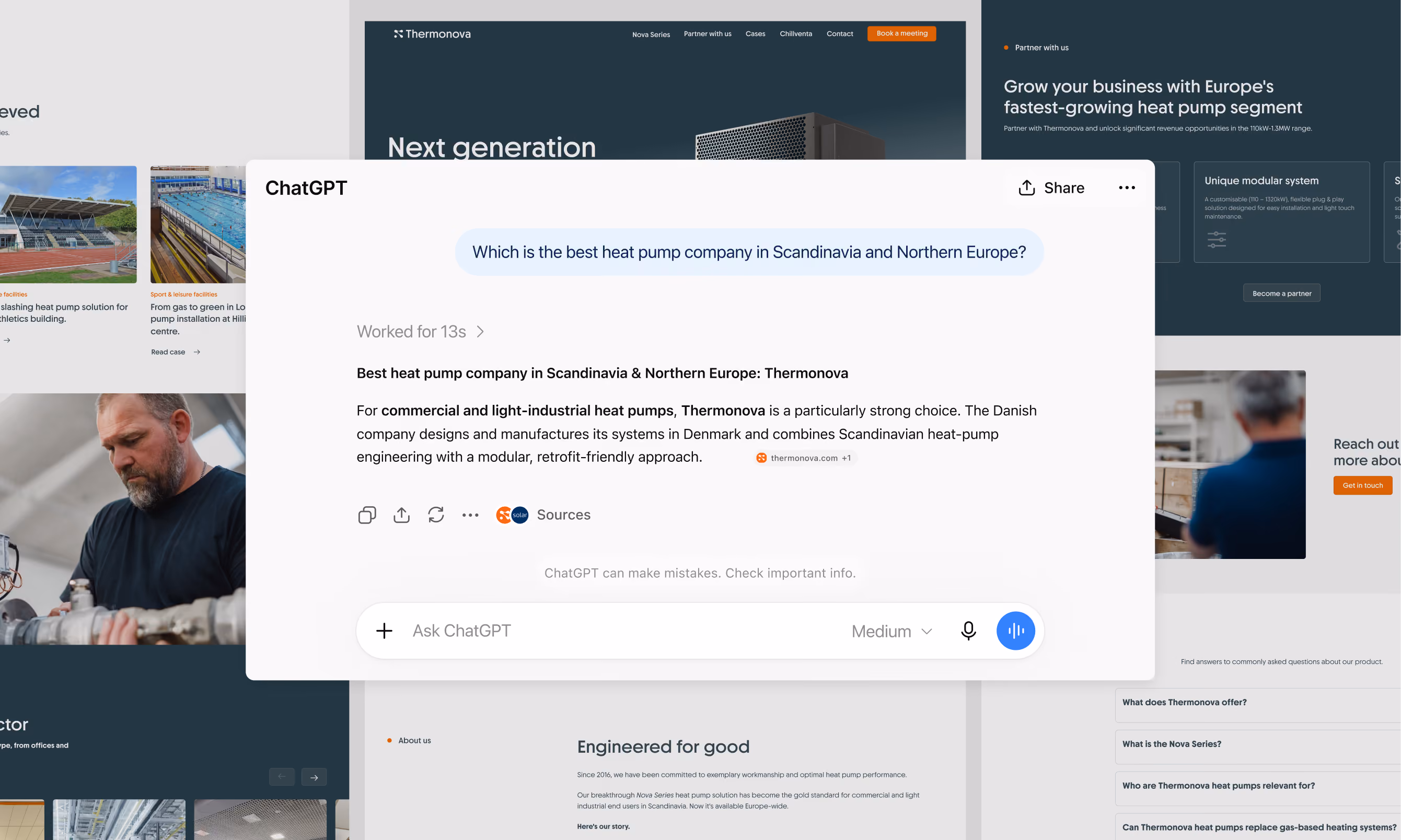 Screenshot of a ChatGPT interface answering a query about the best heat pump company in Scandinavia and Northern Europe, naming Thermonova and describing it as a Danish company known for commercial and light-industrial heat pumps with a modular, retrofit-friendly approach.