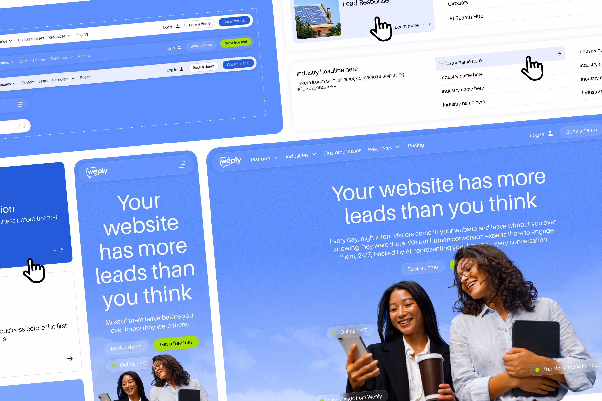 Website screenshots with headline 'Your website has more leads than you think' showing a clean user interface, accompanied by two smiling women, one holding a smartphone and coffee cup and the other holding a tablet, against a blue sky background.