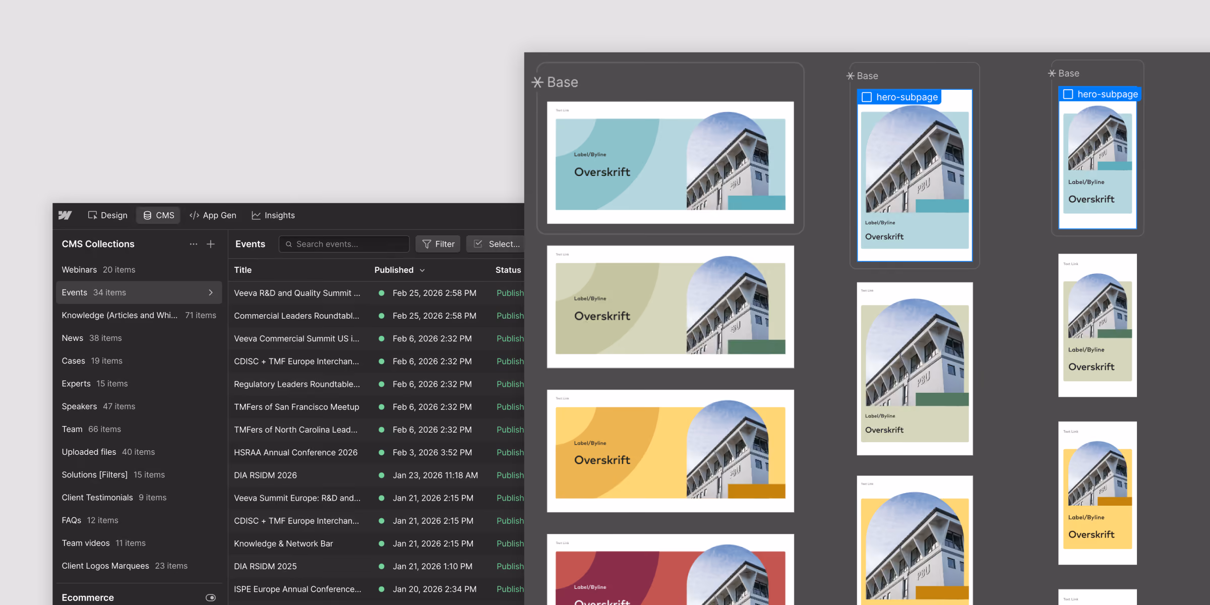 Screenshot of a design tool interface showing a CMS Collections panel on the left with event titles and published dates, and a Base component library on the right displaying several card layouts with images of a building and text placeholders labeled 'Overskrift' and 'hero-subpage'.