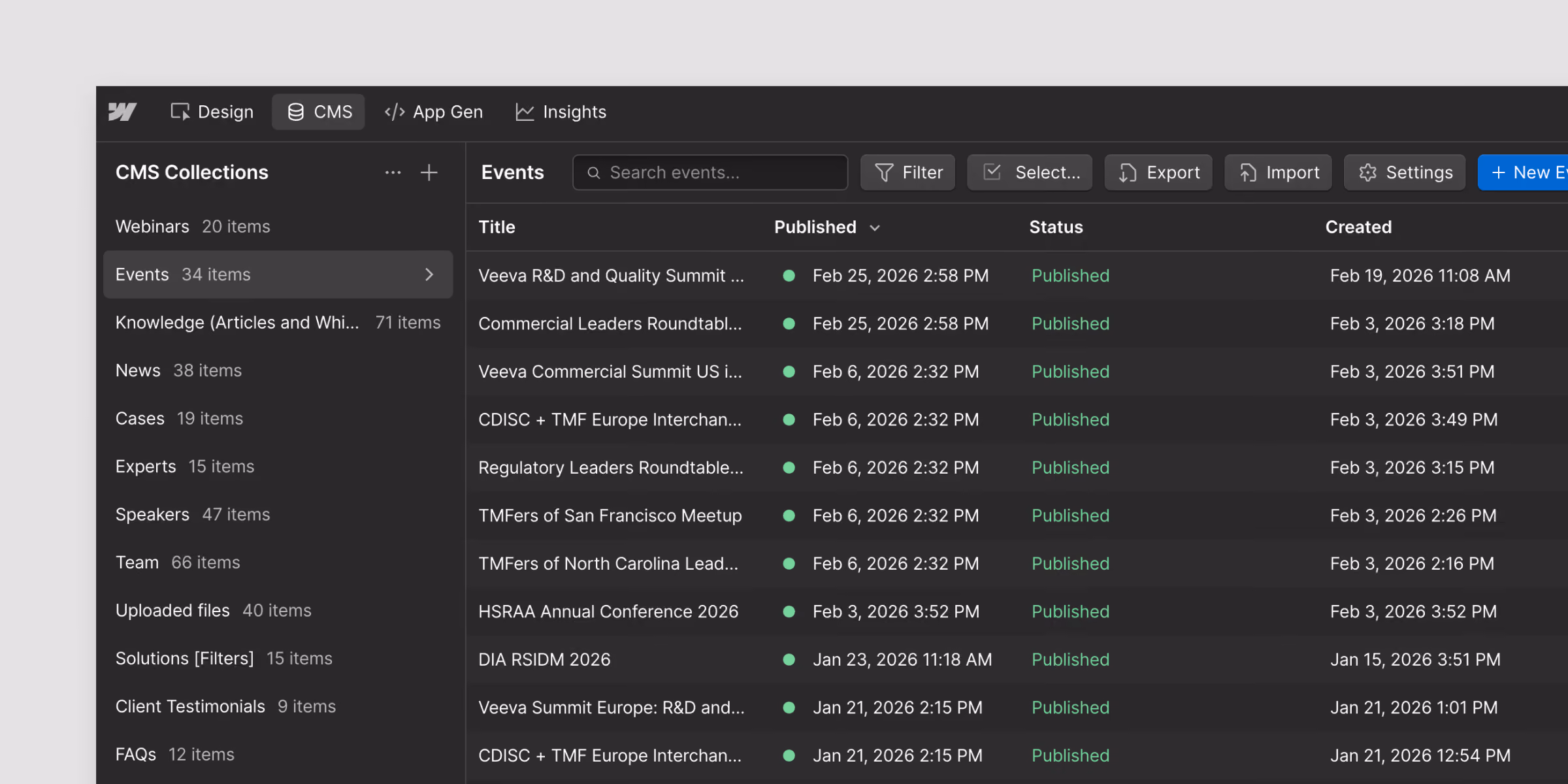 User interface of a CMS dashboard displaying a list of event titles with published dates, status labeled as Published in green, and creation timestamps on the right; the left sidebar shows various CMS collections like Webinars, Events, Knowledge, News, and others.