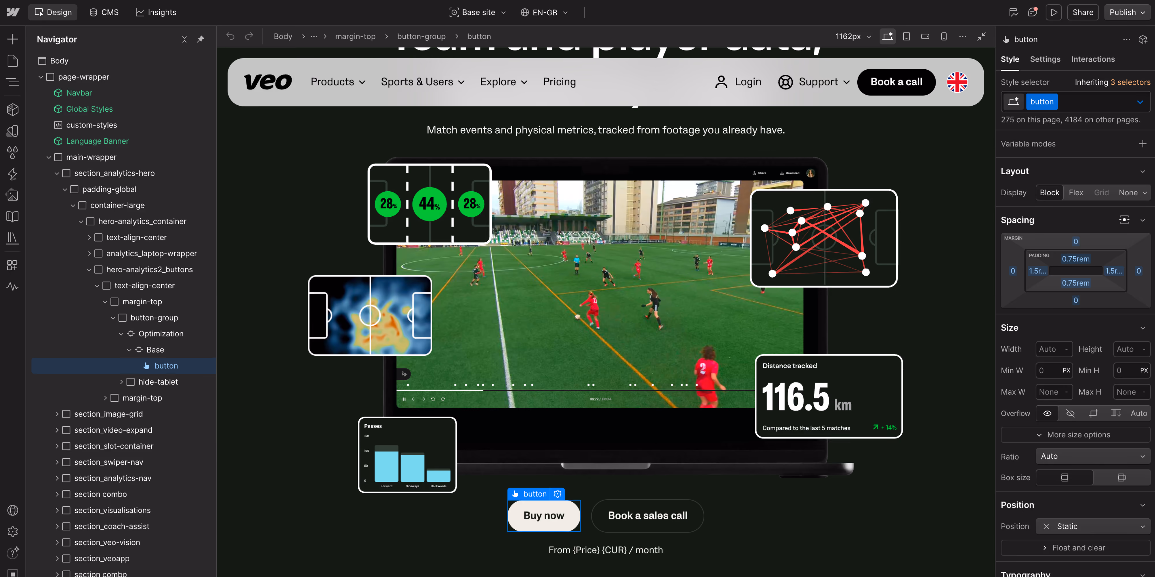 Screenshot of a webpage design interface displaying a sports analytics dashboard for tracking player metrics on a soccer field. The dashboard shows player positions, heatmaps, distance tracked of 116.5 km, and various data visualizations overlayed on a video of a soccer match, with interface panels and style options on the sides. Buttons labeled 'Buy now' and 'Book a sales call' are visible below the video.