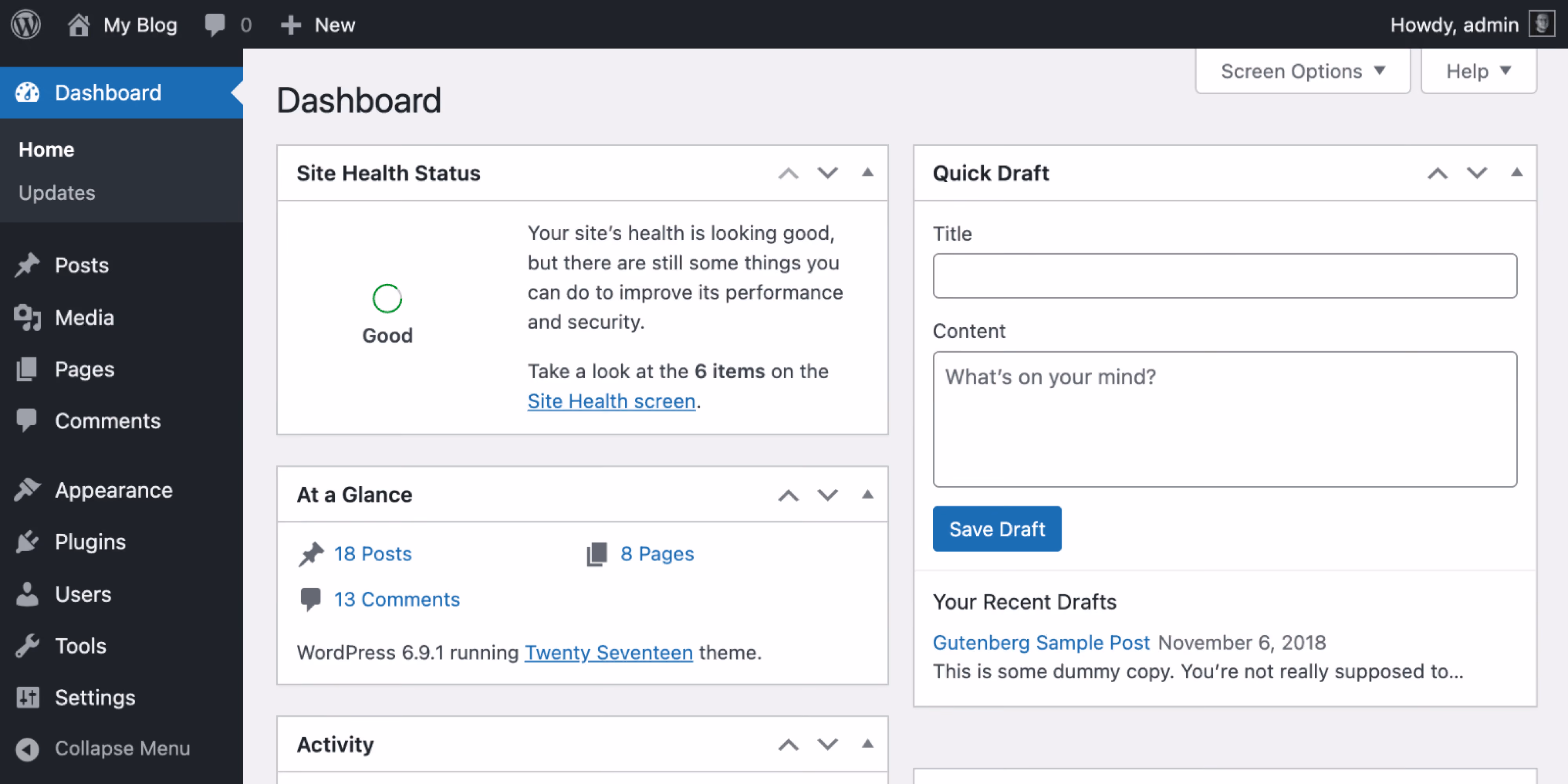 WordPress dashboard showing site health status as good with suggestions for improvement, at a glance section with 18 posts, 8 pages, and 13 comments, and a quick draft area with fields for title and content, plus a recent draft named Gutenberg Sample Post dated November 6, 2018.
