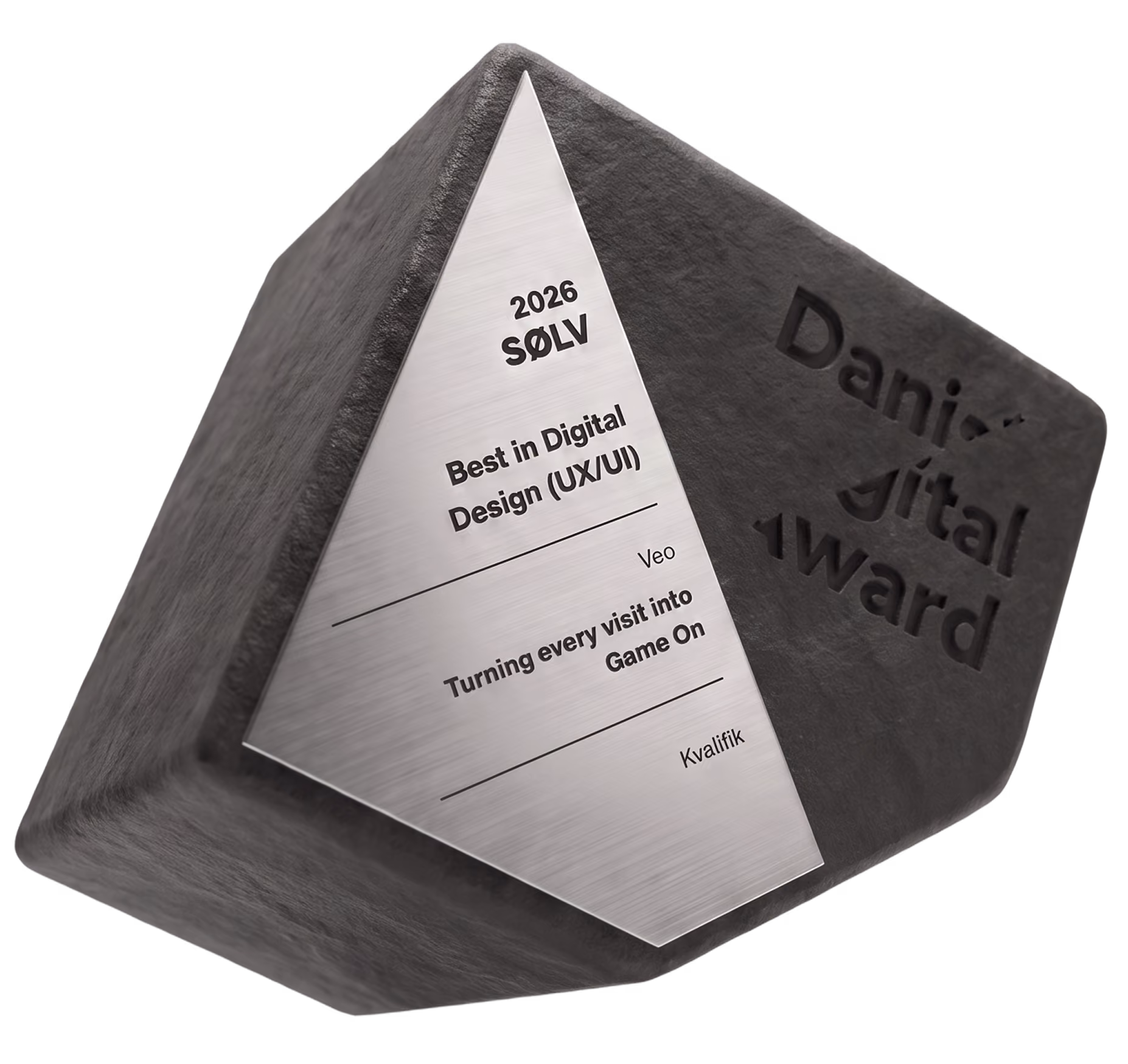 2026 silver Denmark Digital Award trophy for Best in Digital Design (UX/UI) awarded to Veo for 'Turning every visit into Game On', with 'Kvalifik' also mentioned on the metal plaque.