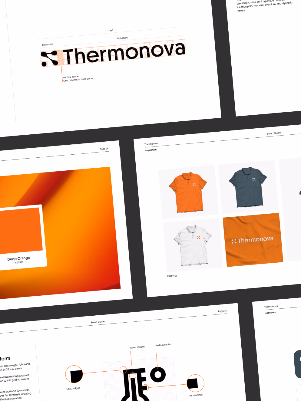 Pages from a Thermonova brand guide showing the logo with a logomark and logotype, color palette featuring deep orange, polo shirts in orange, dark gray, and white with Thermonova branding, and logo design details including open shapes and flat terminals.