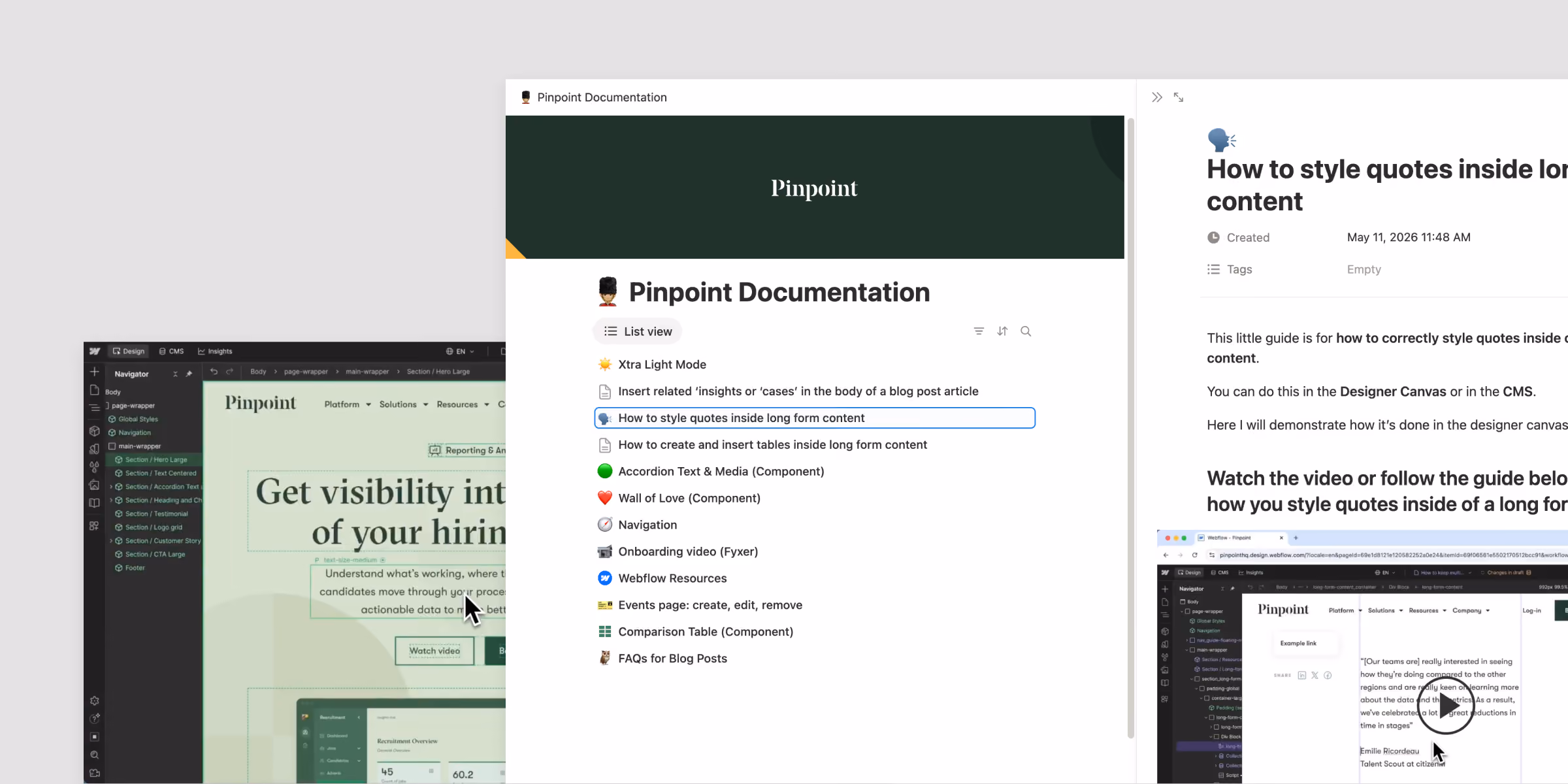 Screenshot of Pinpoint Documentation page showing a list view of topics including styling quotes inside long form content, accordion text, navigation, onboarding video, and FAQs for blog posts in a web-based documentation interface.