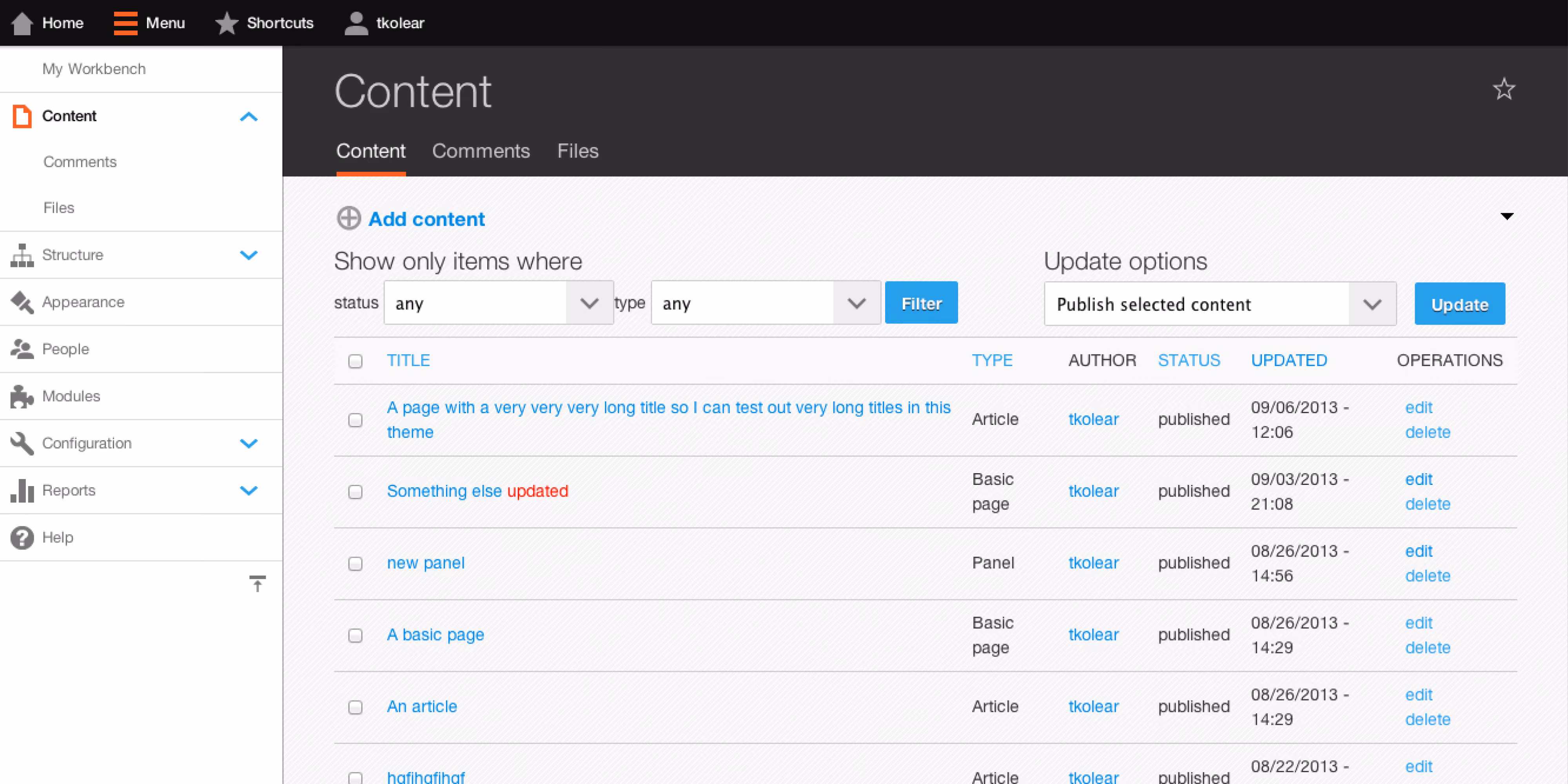 Drupal content management interface showing a list of content items with columns for title, type, author, status, updated date, and operations with options to filter and update content.
