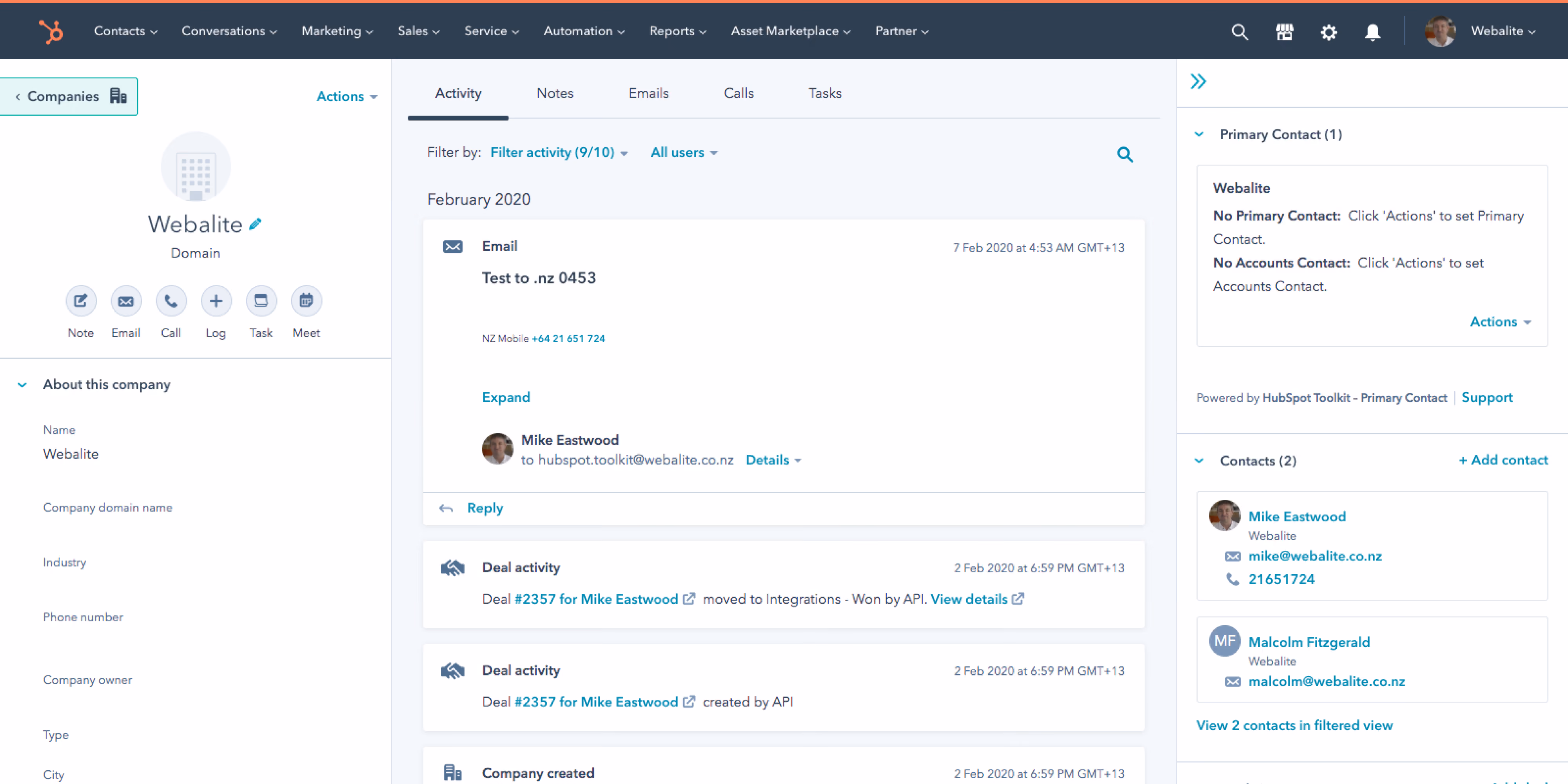 HubSpot CRM interface showing the Webalite company profile with tabs for Activity, Notes, Emails, Calls, and Tasks, including recent email and deal activities, primary contact details, and company info on the left panel.