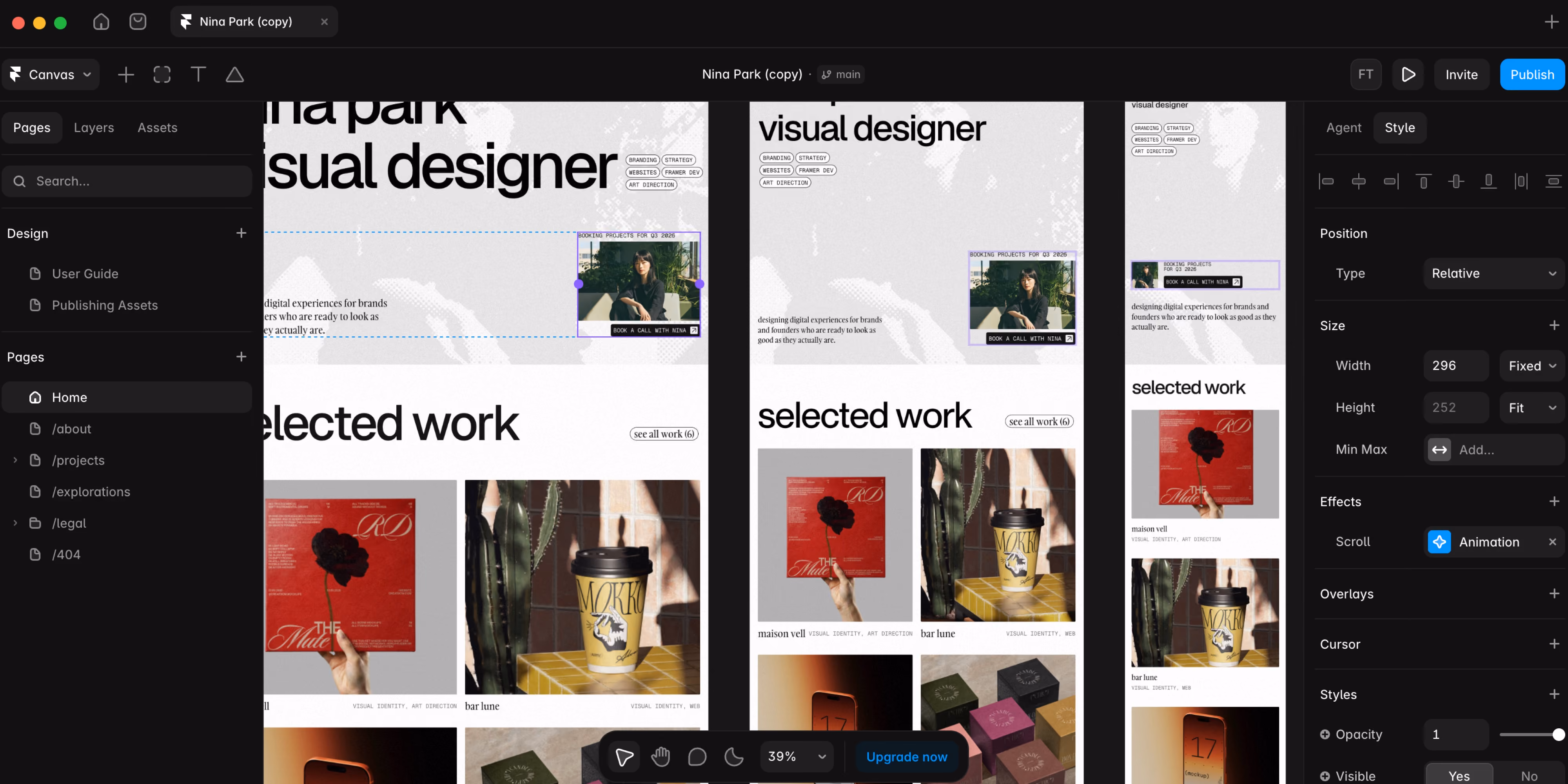 Screenshot of a web design interface showing a multi-device preview of a personal portfolio website for Nina Park, a visual designer. The site displays headings like 'visual designer' and 'selected work,' with project thumbnails including a red album cover, a coffee cup with 'MOKKO' branding, and other creative work. The interface includes editing panels on the left with pages listed and on the right with styling options like position, size, animation scroll effect, and opacity settings.
