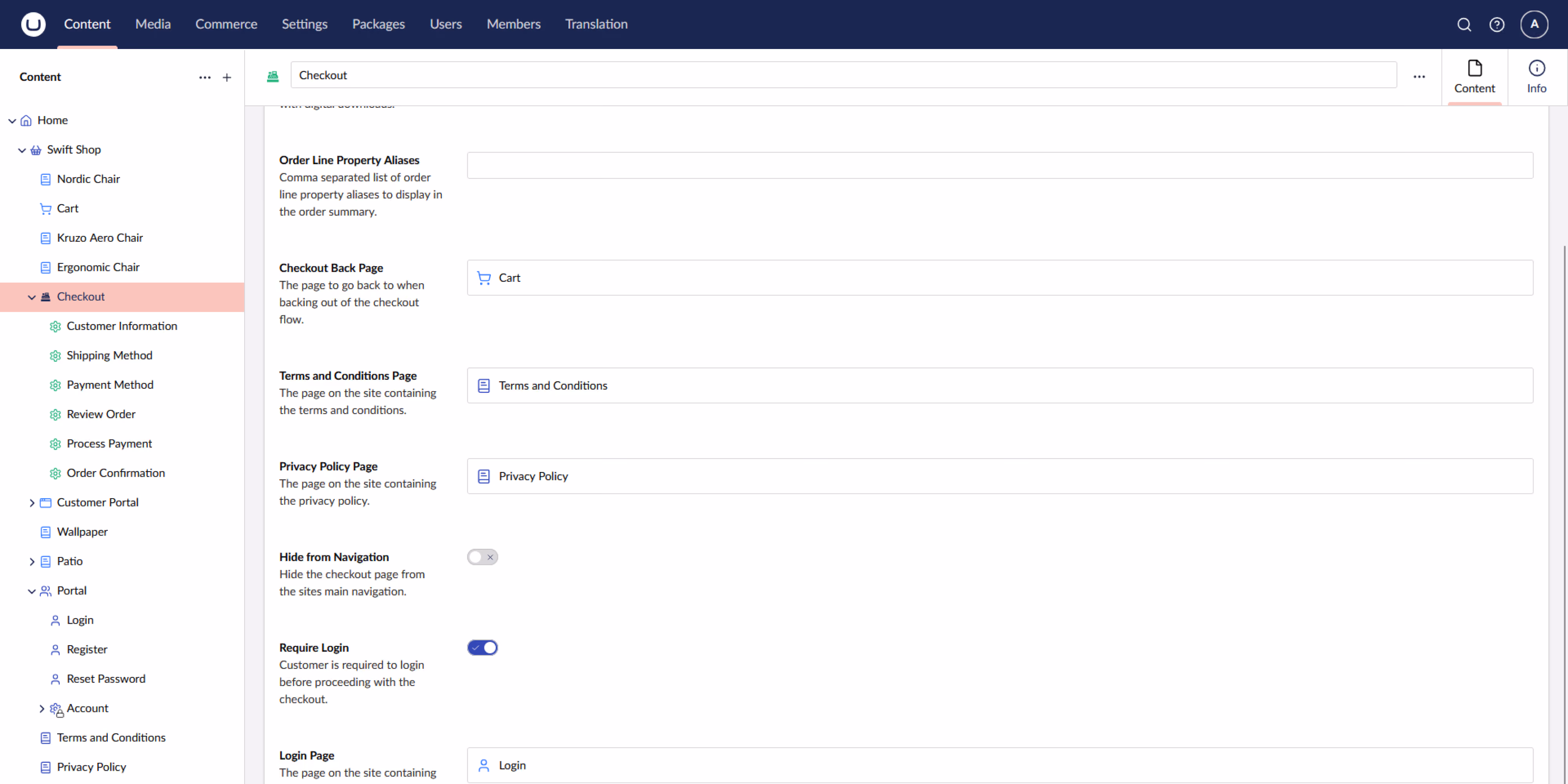 Umbraco CMS back-office interface showing the Checkout section under Swift Shop with various checkout settings including Order Line Property Aliases, Checkout Back Page set to Cart, Terms and Conditions Page, Privacy Policy Page, Hide from Navigation toggle off, Require Login toggle on, and Login Page.